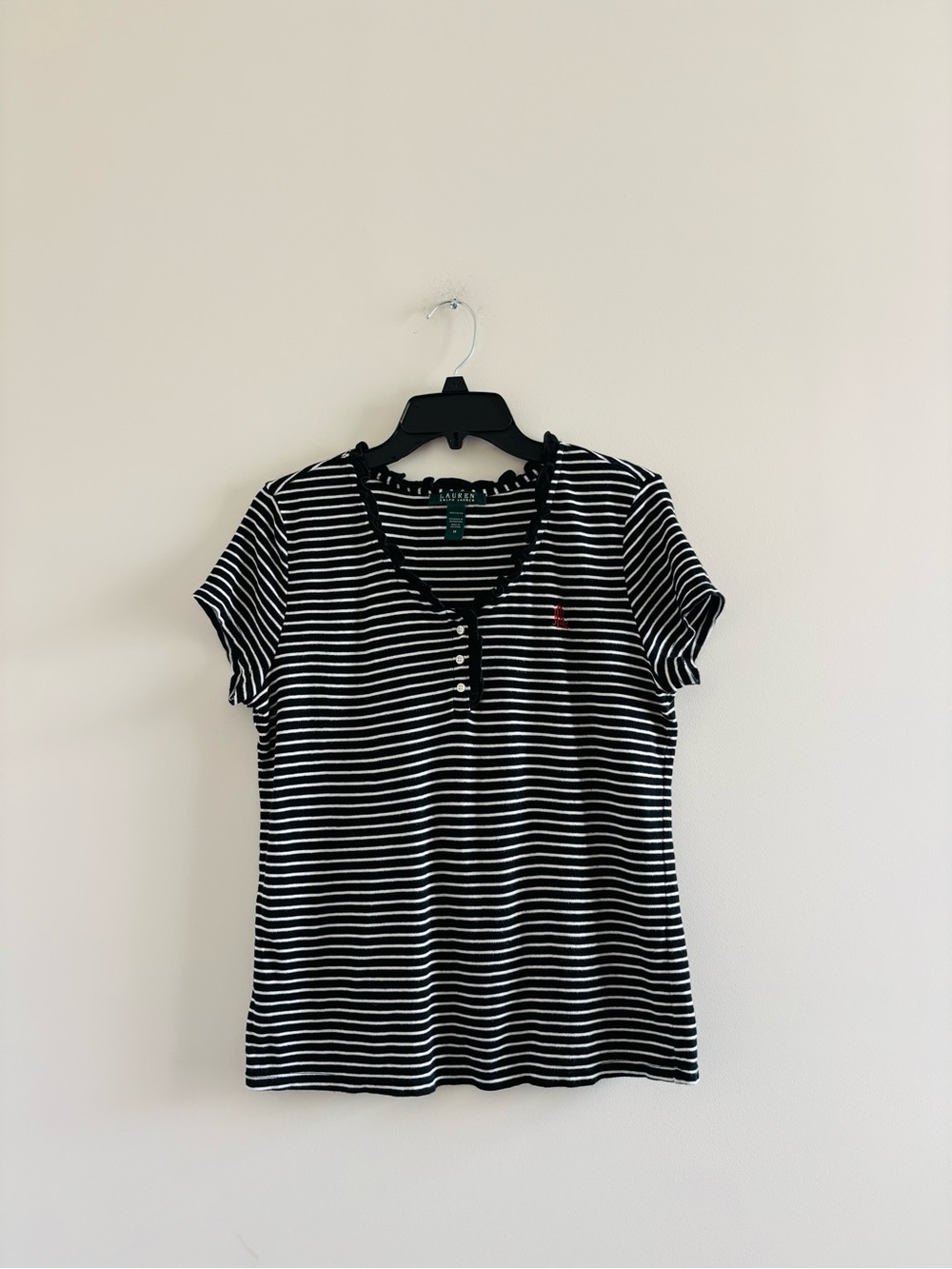Lauren Ralph Lauren T-Shirt Black White Stripe Button Ruffle Women M Preppy